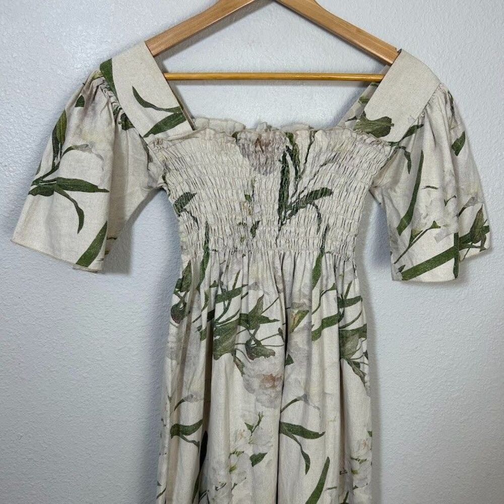 Lisa Says Gah Toni Smocked Midi Dress Womens M Floral Linen Cotton Square Neck - Picture 4 of 11